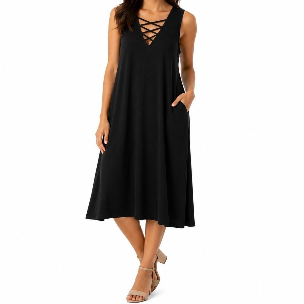 Philosophy Lattice V-Neck Dress Womens 1X Black Sleeveless Shift